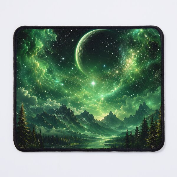 Item preview, Green Nebula Planet Over Misty Mountain Lake designed and sold by Aureva Arts Shop.