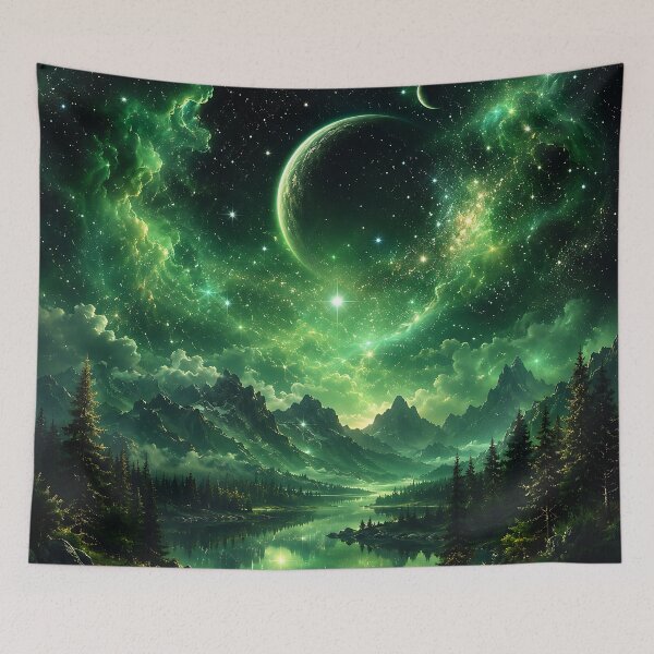 Item preview, Green Nebula Planet Over Misty Mountain Lake designed and sold by Aureva Arts Shop.