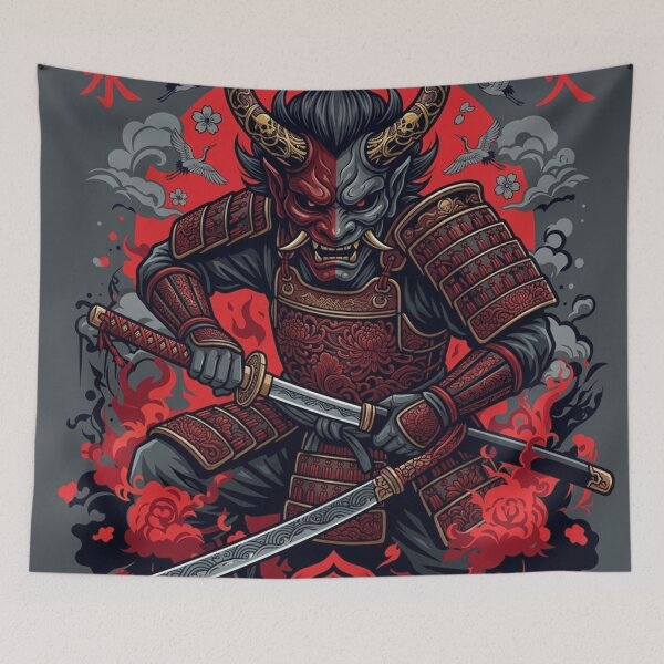 Item preview, Inferno Oni Samurai Guardian – Original Japanese Demon Warrior Art designed and sold by Sticleg.