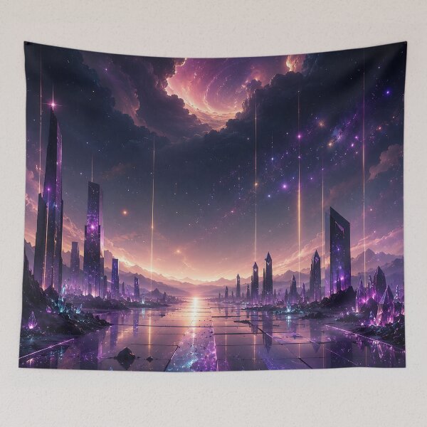Item preview, Purple Crystal City Skyline Cosmic Nebula Sky designed and sold by Aureva Arts Shop.