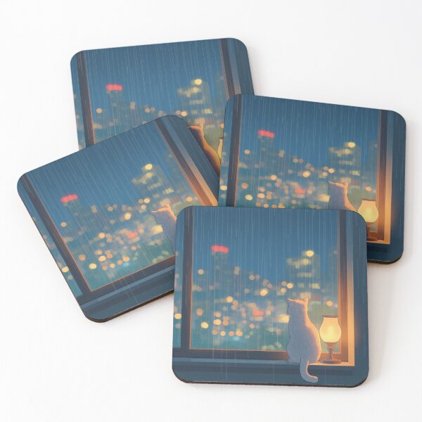 Item preview, Cozy Cat Rainy Window City Lights Lofi designed and sold by AEVORI.