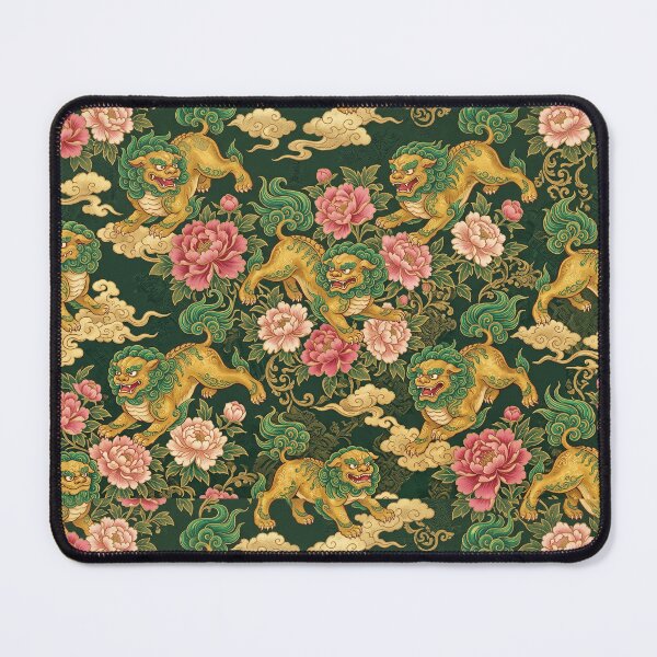 Item preview, Chinese Guardian Lions Floral Pattern - Emerald Green & Gold designed and sold by ArtfulAlchemy1.