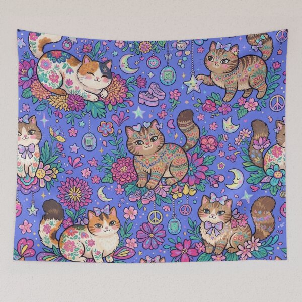 Item preview, Whimsical Cute Cats Floral Seamless Pattern designed and sold by Iampoji.