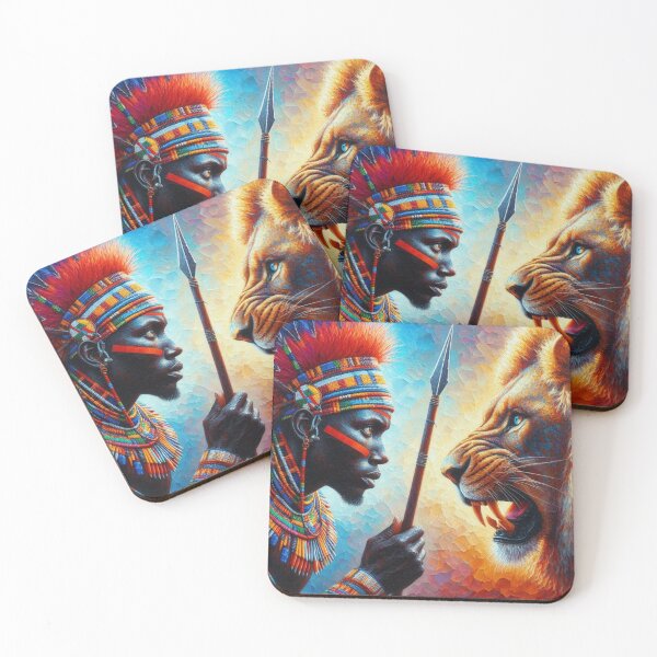 Item preview, Warrior & Lion | African Tribal Warrior Art | Courage, Strength & Fearless Spirit | Vibrant Cultural Wall Art designed and sold by SOSCHISTUDIO.