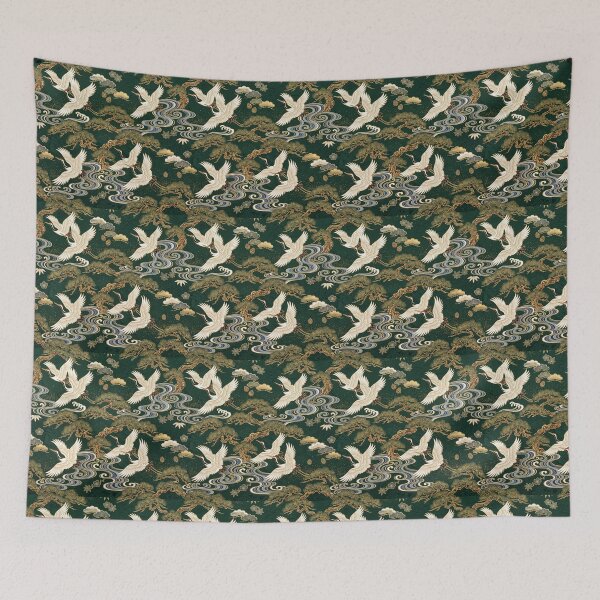 Item preview, Traditional Japanese Crane & Pine Tree Pattern - Emerald Green & Gold designed and sold by ArtfulAlchemy1.