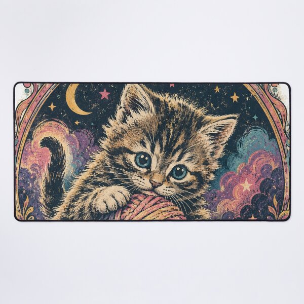 Item preview, Playful Kitten & Rainbow Yarn - Vintage 90s Cat Graphic Tee designed and sold by VHSmeow.