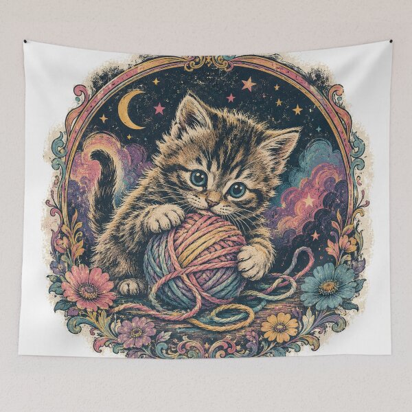 Item preview, Playful Kitten & Rainbow Yarn - Vintage 90s Cat Graphic Tee designed and sold by VHSmeow.