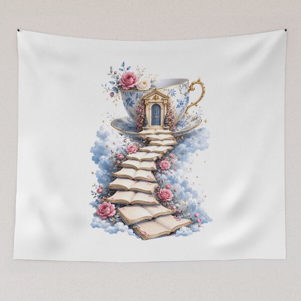 Item preview, Whimsical Teacup House and Book Staircase Pride and Prejudice Art designed and sold by Fenay Designs.