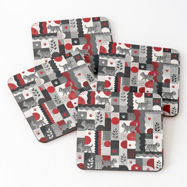 Item preview, Gray Tabby Cat Modern Geometric Pattern Red Black White designed and sold by Mindworx21.