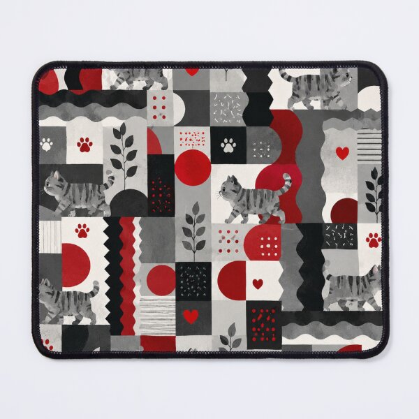 Item preview, Gray Tabby Cat Modern Geometric Pattern Red Black White designed and sold by Mindworx21.