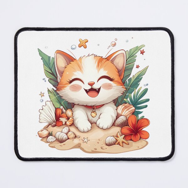 Item preview, Cute Kawaii Beach Kitten – Smiling Cat with Seashells & Tropical Flowers Summer Cartoon Illustration designed and sold by Windy-market.