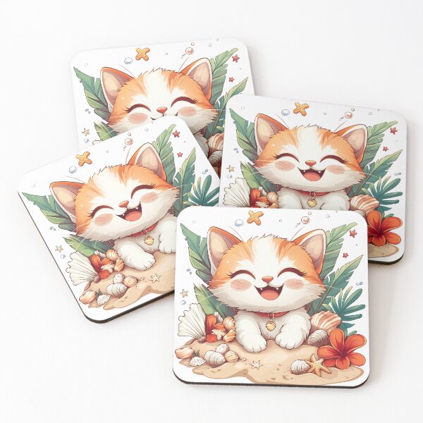 Item preview, Cute Kawaii Beach Kitten – Smiling Cat with Seashells & Tropical Flowers Summer Cartoon Illustration designed and sold by Windy-market.
