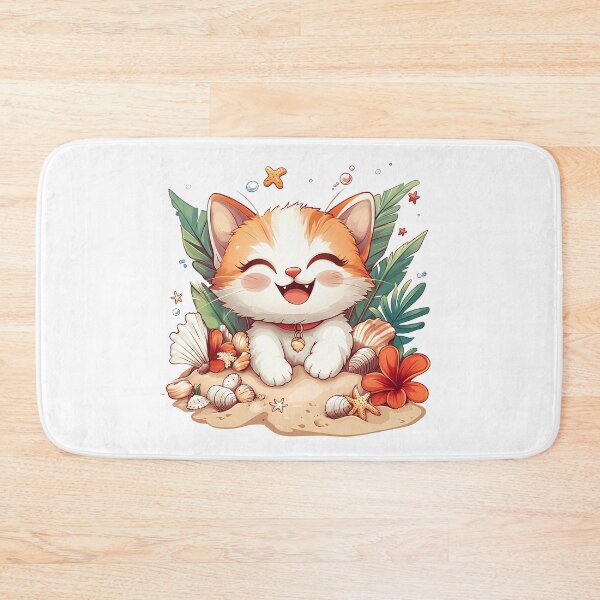 Item preview, Cute Kawaii Beach Kitten – Smiling Cat with Seashells & Tropical Flowers Summer Cartoon Illustration designed and sold by Windy-market.