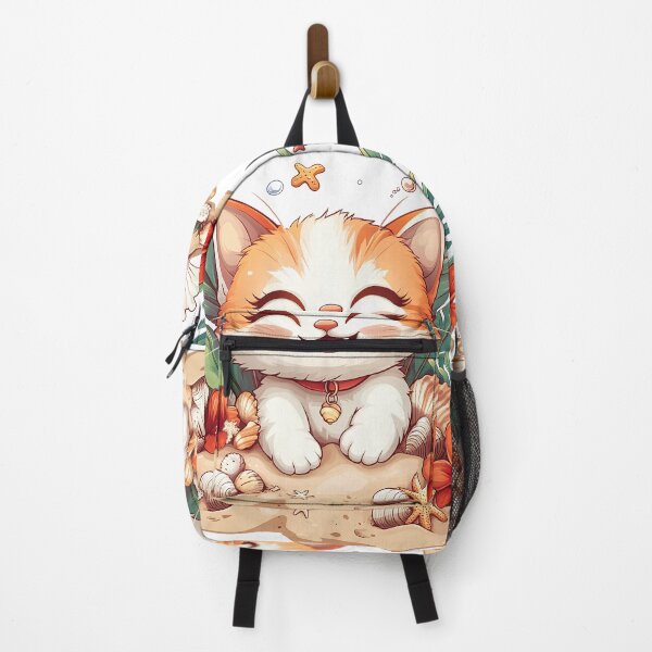 Item preview, Cute Kawaii Beach Kitten – Smiling Cat with Seashells & Tropical Flowers Summer Cartoon Illustration designed and sold by Windy-market.