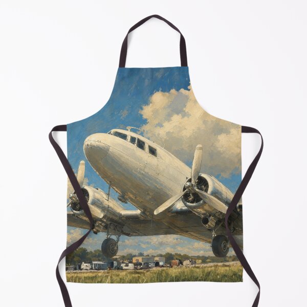 Artikelvorschau, Illustration einer Landung eines historischen zweimotorigen Propellerflugzeugs entworfen und verkauft von EMairplanes.