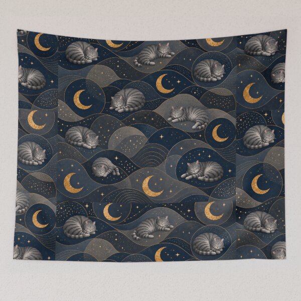 Item preview, Sleeping Gray Tabby Cat Moonlit Waves Pattern designed and sold by Mindworx21.
