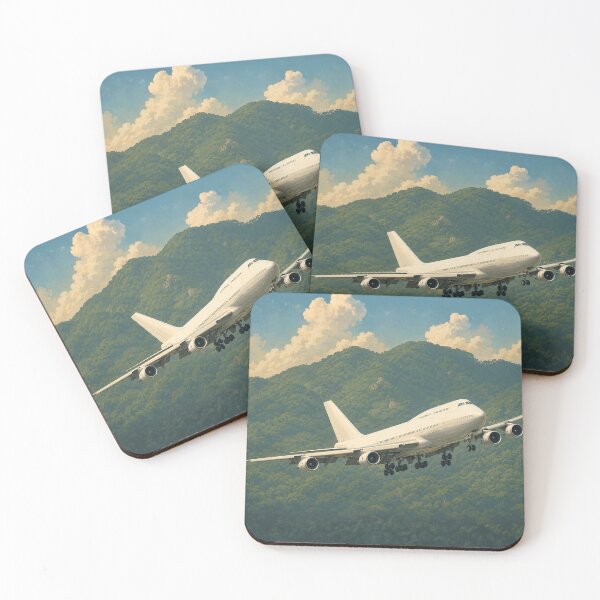Item preview, Wide-Body Four-Engine Passenger Airplane Flying Over Tropical Mountains Illustration designed and sold by EMaviation_.