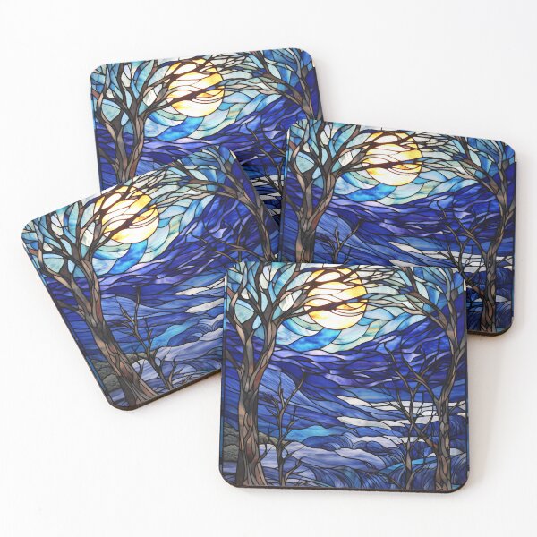 Item preview, Stained Glass Winter Landscape with Full Moon designed and sold by pinkal.