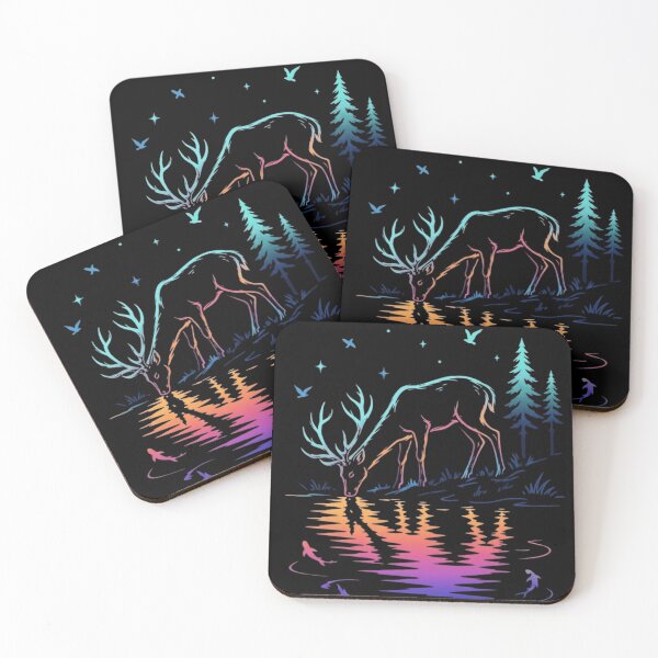 Item preview, Mystical Stag Reflection Line Art - Ethereal Deer Drinking from Sunset River designed and sold by haitrieuic96.
