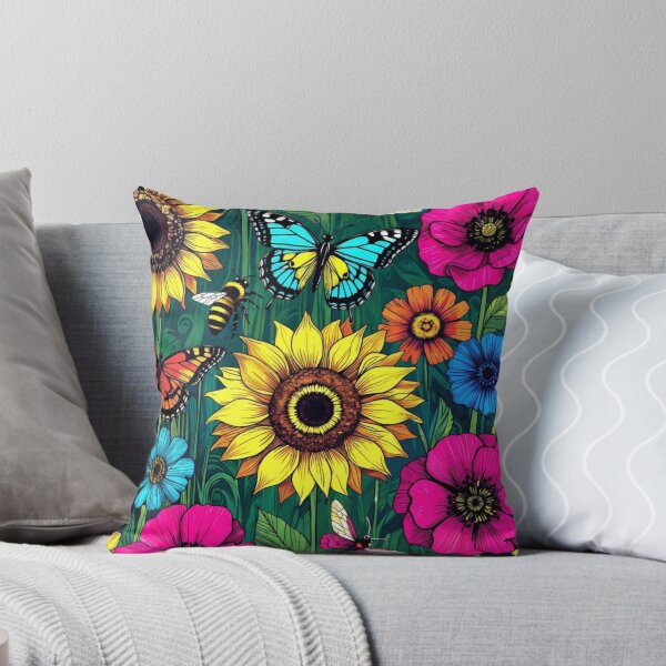 Item preview, Vibrant Neon Wildflower Meadow Pattern with Sunflowers and Butterflies designed and sold by Nexus Space.