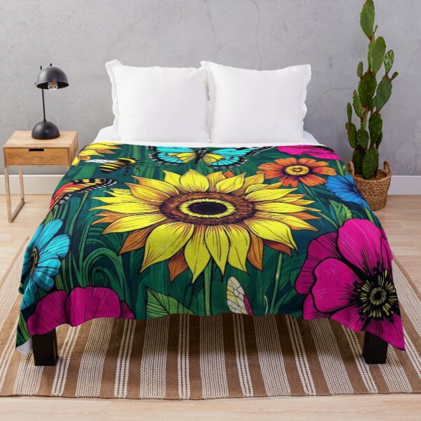 Item preview, Vibrant Neon Wildflower Meadow Pattern with Sunflowers and Butterflies designed and sold by Nexus Space.