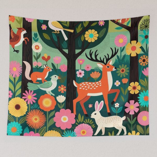 Item preview, Whimsical Folk Art Forest Meadow Deer and Bunny Pastel Escape designed and sold by Nexus Space.