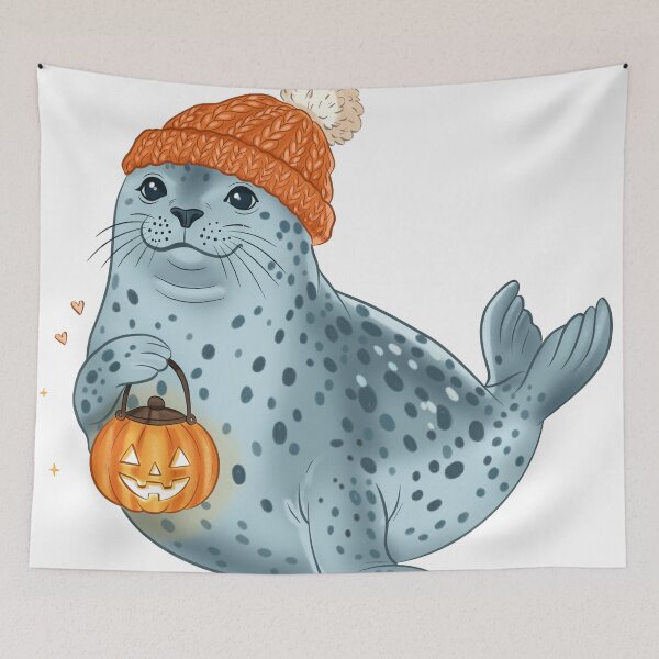 Item preview, Cute Sea Lion with Pumpkin Lantern | Cozy Halloween Animal designed and sold by Iqrapixels.