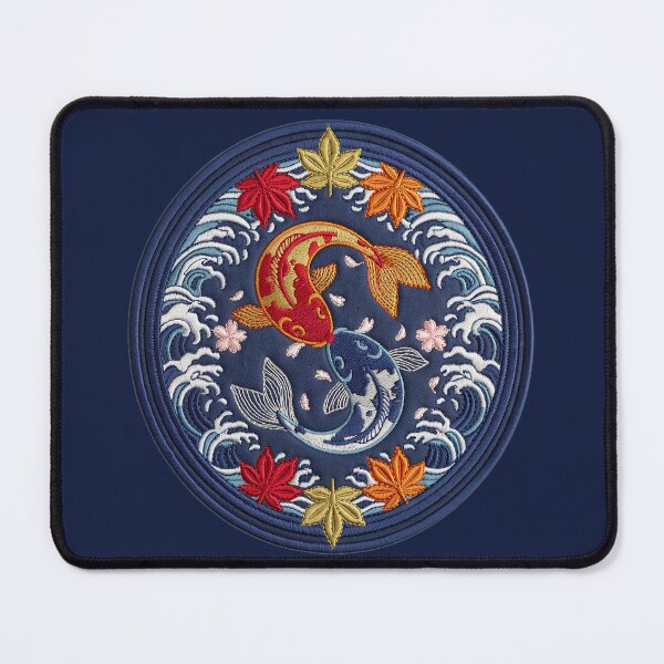 Item preview, Embroidered Yin Yang Koi Fish – Japanese Waves & Autumn Maple Patch Art designed and sold by PatsiRose.