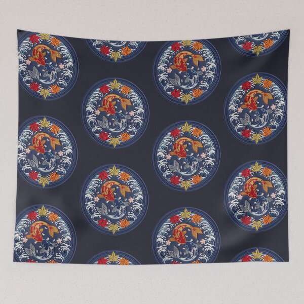 Item preview, Embroidered Yin Yang Koi Fish – Japanese Waves & Autumn Maple Patch Art designed and sold by PatsiRose.