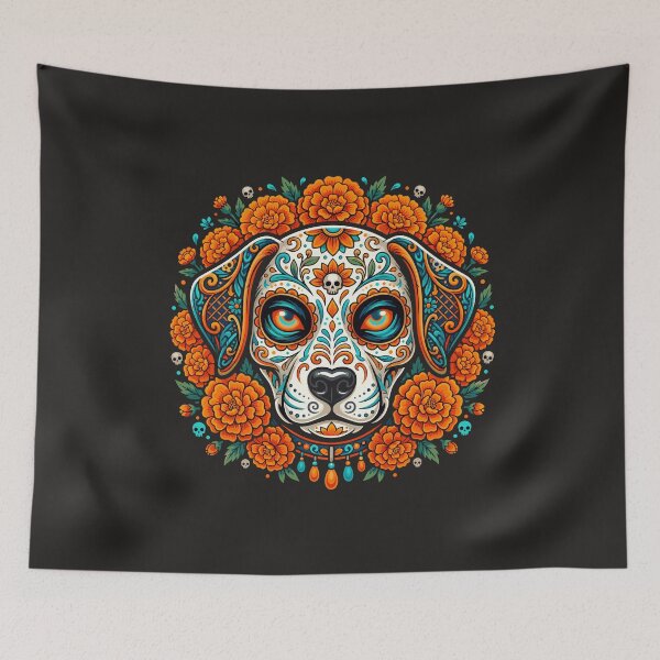 Item preview, Day of the Dead Sugar Skull Dog with Marigolds designed and sold by AbderraimArt.