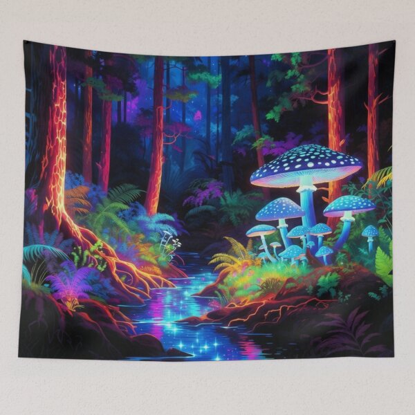 Item preview, Bioluminescent Mushroom Forest - Neon Abstract Landscape Art designed and sold by Nexus Space.