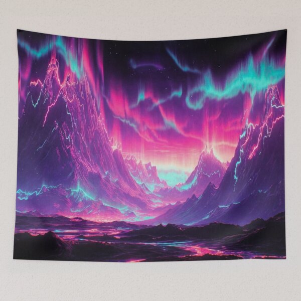 Item preview, Neon Northern Lights Mountain - Cosmic Synthwave Landscape designed and sold by Nexus Space.