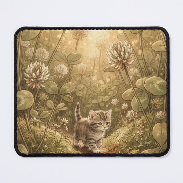 Item preview, Tiny Kitten Walking through Giant Clover Flowers Miniature Illustration designed and sold by DuckOddity.
