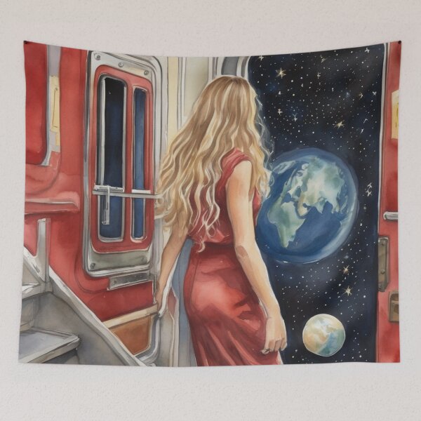 Item preview, Cosmic Train Journey Surreal Space Watercolor Painting designed and sold by UmSkelig834.
