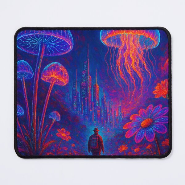 Item preview, Cyberpunk Wanderer Neon Landscape - Synthwave City Art designed and sold by Nexus Space.