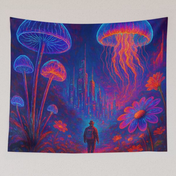Item preview, Cyberpunk Wanderer Neon Landscape - Synthwave City Art designed and sold by Nexus Space.