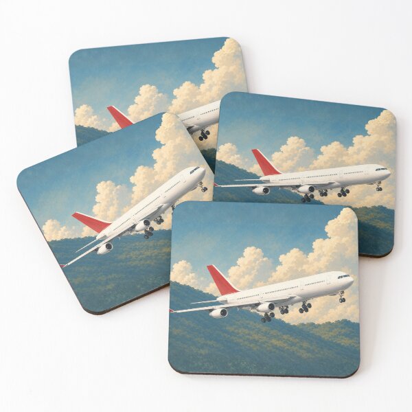 Item preview, Wide-Body four-Engine Passenger Airplane Flying Over Forested Mountains Illustration designed and sold by EMairplanes.