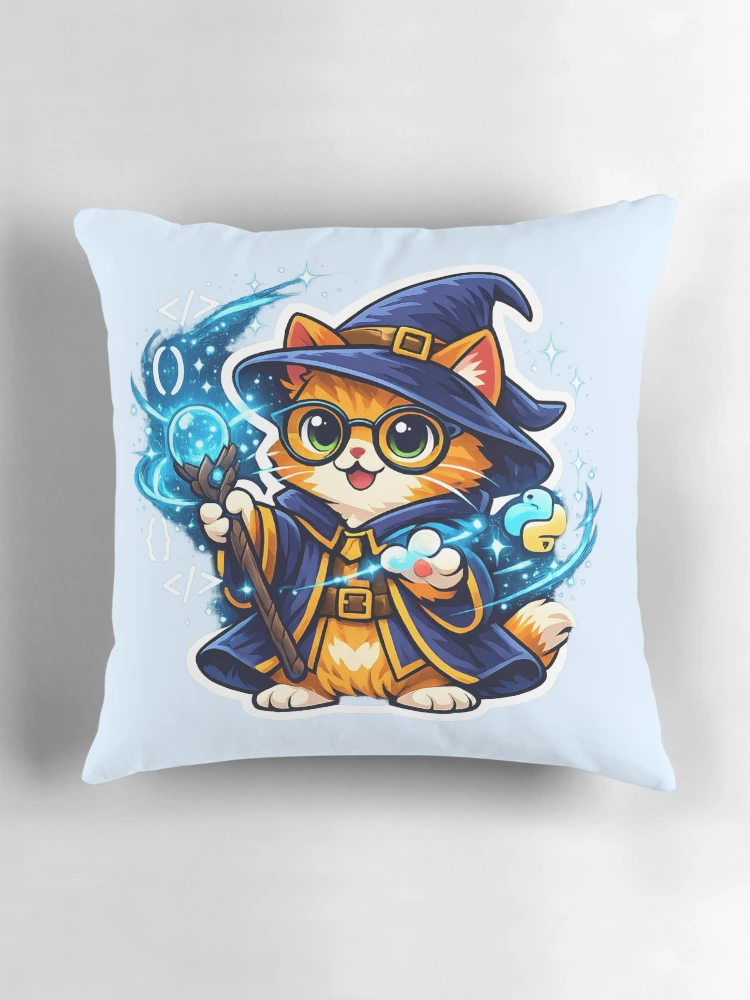 Thumbnail 3 of 4, Pillow, Python Wizard Cat Coding Magic designed and sold by loukaidigitals.