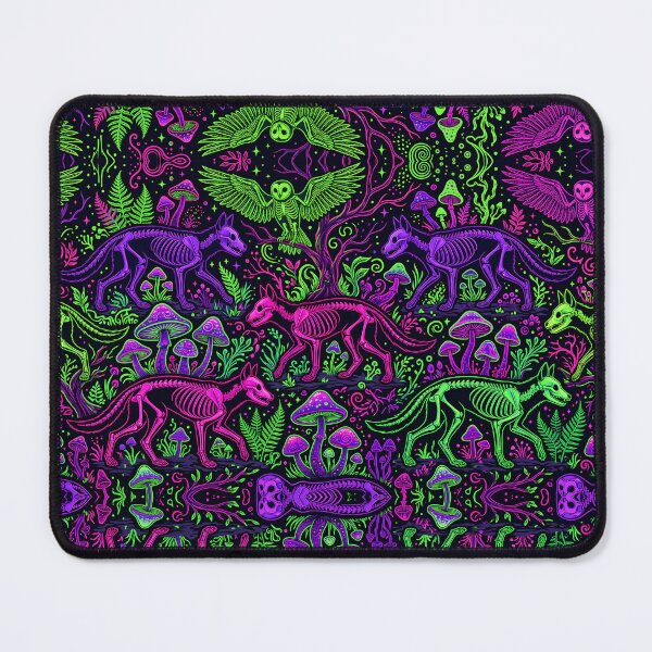 Item preview, Neon Skeleton Wolves and Owls Mushroom Pattern designed and sold by AbderraimArt.