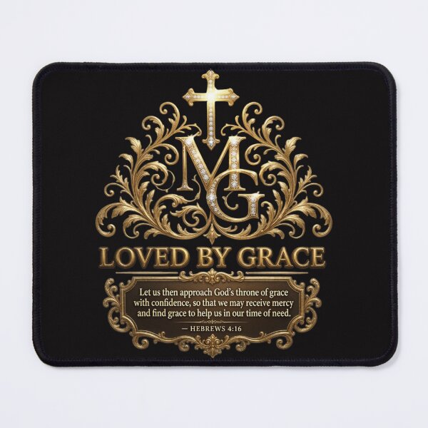 Item preview, Loved By Grace | Ornate MG Monogram with Hebrews 4:16 Christian apparel designed and sold by KINGDOM GOLD STUDIO.