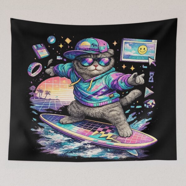 Item preview, Vaporwave Surf Cat Retro 90s Scottish Fold Graphic designed and sold by VHSmeow.