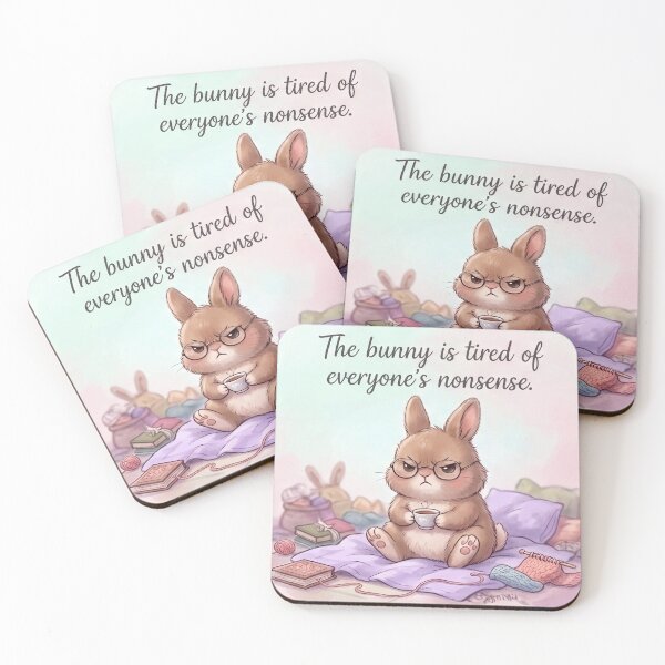 Item preview, “Tired Bunny With Tea – Cozy Relatable Mood Art” designed and sold by Divinedesignbydulce.
