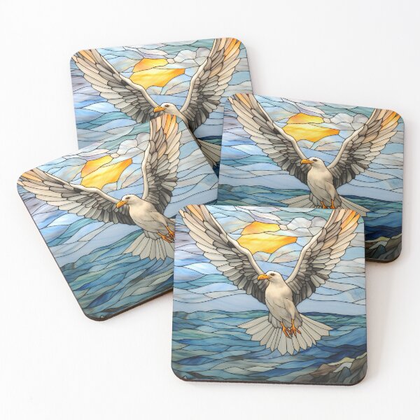 Item preview, Seagull Flying over Ocean Stained Glass Sunset Art designed and sold by pinkal.
