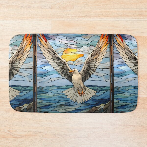Item preview, Seagull Flying over Ocean Stained Glass Sunset Art designed and sold by pinkal.