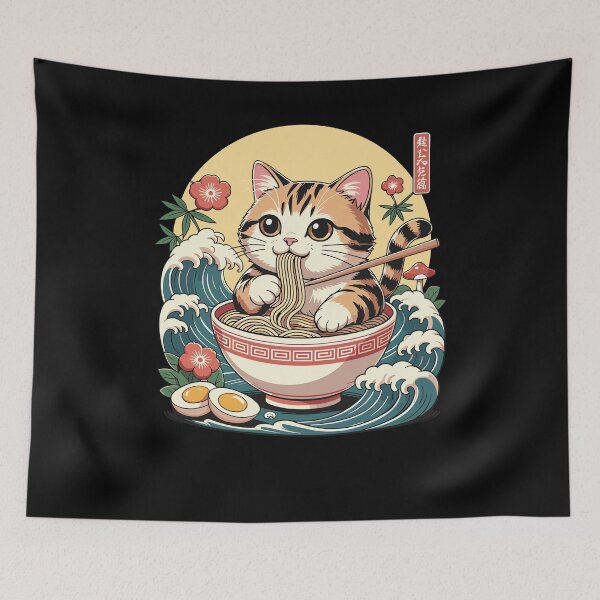 Item preview, Ramen Neko Cute Cat Eating Noodles Kawaii Waves designed and sold by ShirTomDesigns.