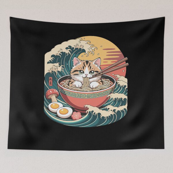 Item preview, Cute Cat In Ramen Bowl Anime Noodle Waves designed and sold by ShirTomDesigns.