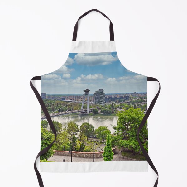 Item preview, Aerial view of the Bratislava cityscape with a famous UFO tower observation deck above SNP bridge over Danube river. Bratislava is a capital city of Slovakia. designed and sold by goceris.