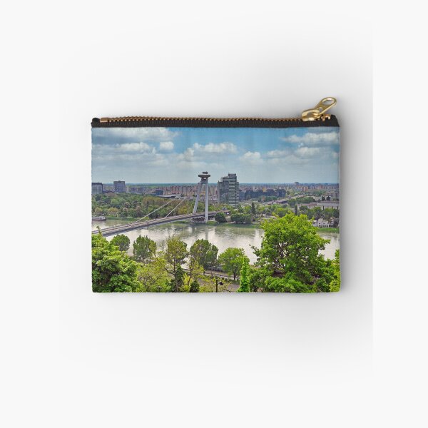 Item preview, Aerial view of the Bratislava cityscape with a famous UFO tower observation deck above SNP bridge over Danube river. Bratislava is a capital city of Slovakia. designed and sold by goceris.