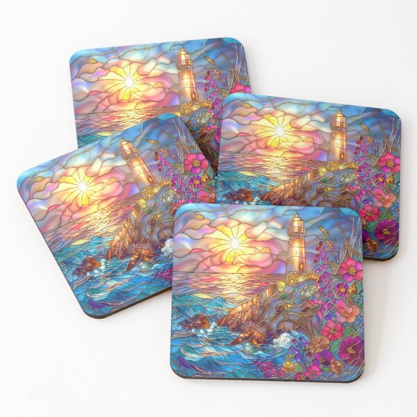 Item preview, Lighthouse Stained Glass Sunset Art, Coastal Ocean Scene designed and sold by MargaretWiktor.
