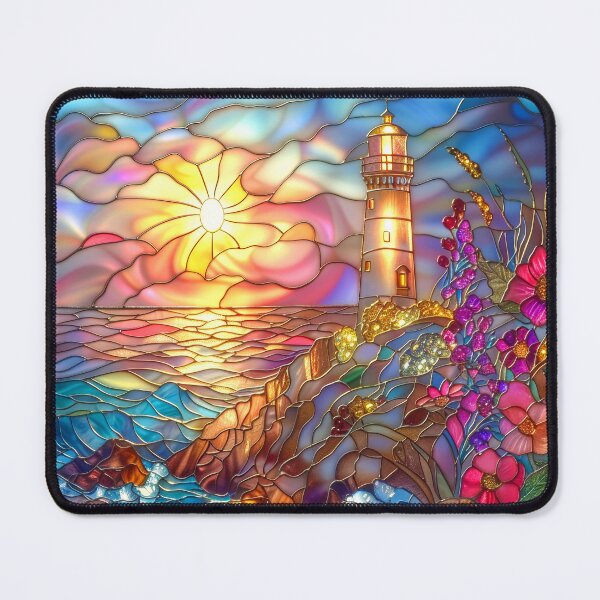 Item preview, Lighthouse Stained Glass Sunset Art, Coastal Ocean Scene designed and sold by MargaretWiktor.